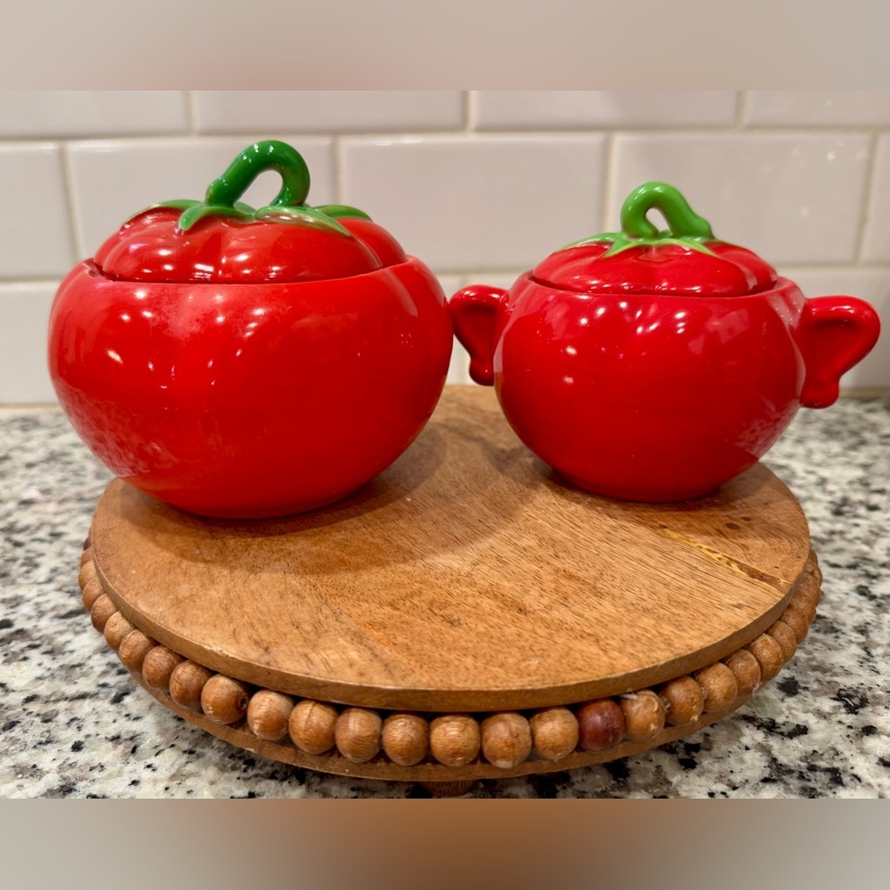 Vintage Pantry Parade Tomato Lidded Ceramic Condiment Jar & Sugar Bowl